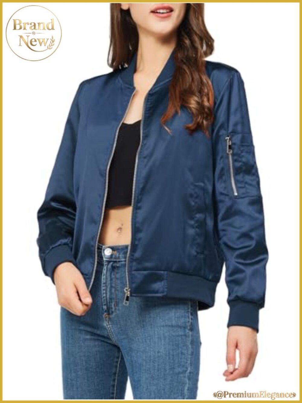 Satin Bomber Jacket Women Zip Up Varsity Windbreaker with Pockets